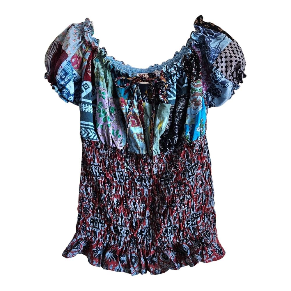 GYPSY ROSE Women M Top Smocked Patchwork Hippie Milkmaid Boho Festival Bust 36"